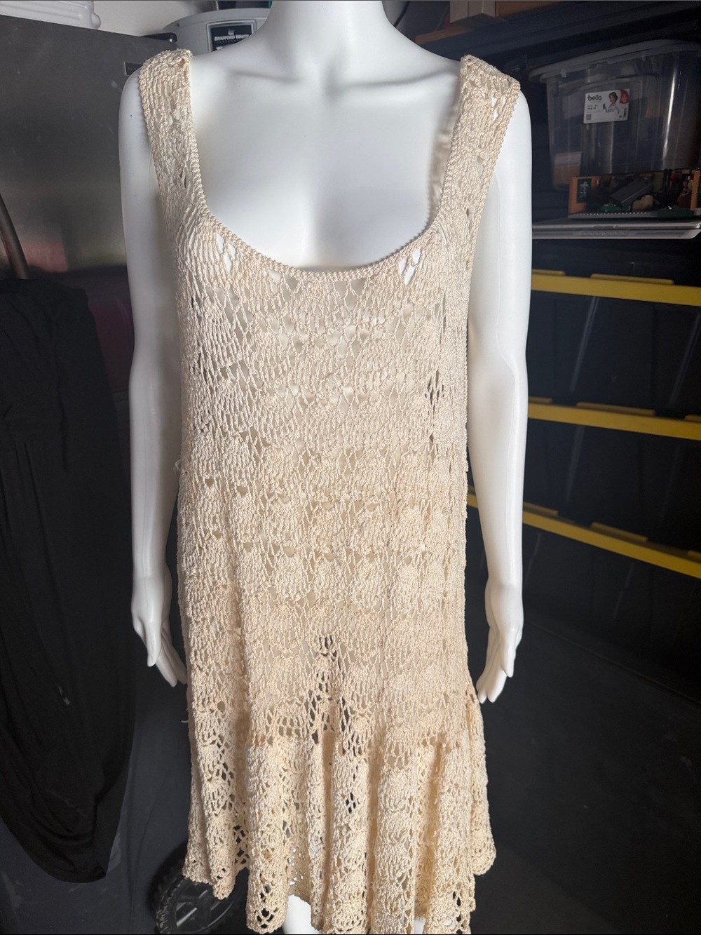 Crochet Knit Sleeveless Scoop Neck Beach Dress - Cream